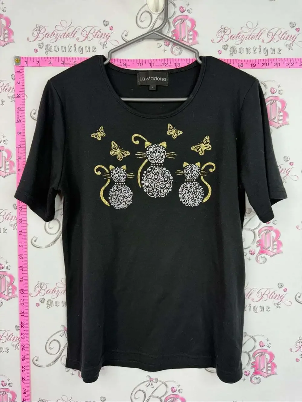 LA Madona Shirt cats Black Short-Sleeve Tee with Gold & Silver Cat Motif